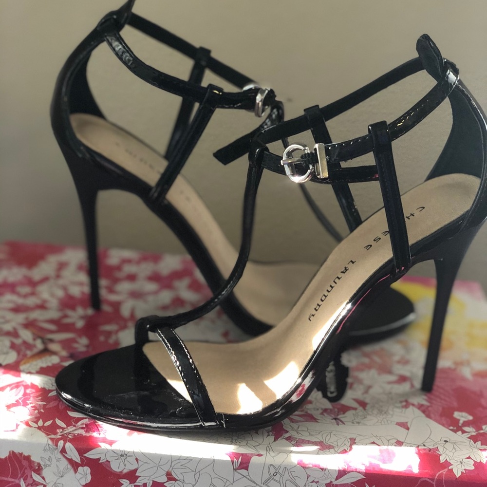 Black patent leather TStrap heels